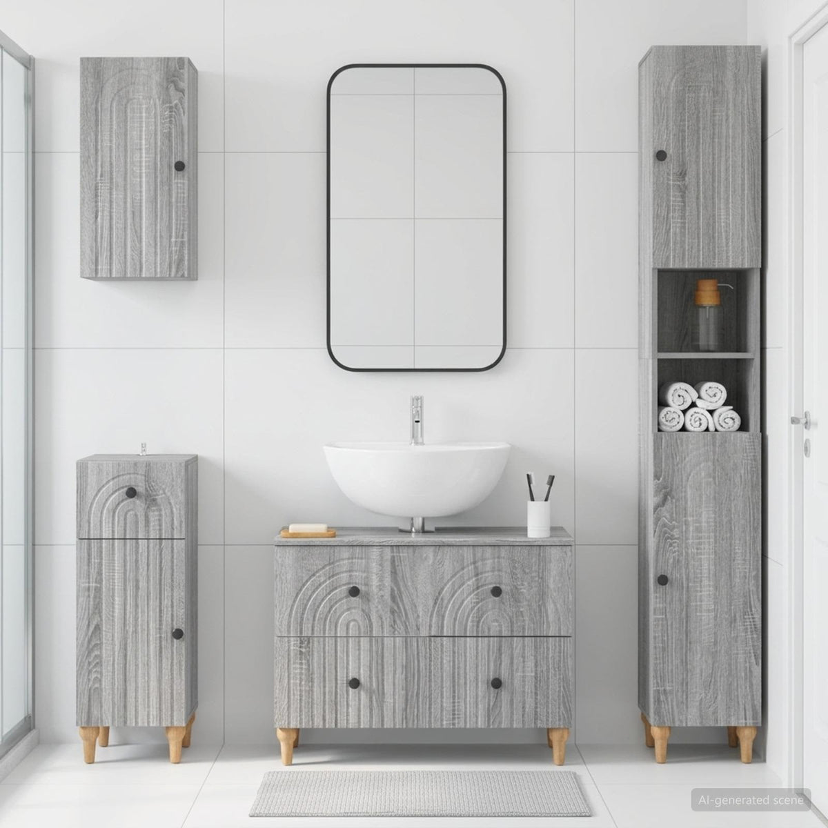4 Piece Bathroom Cabinet Set ALKMAAR Grey Sonoma Round stripes