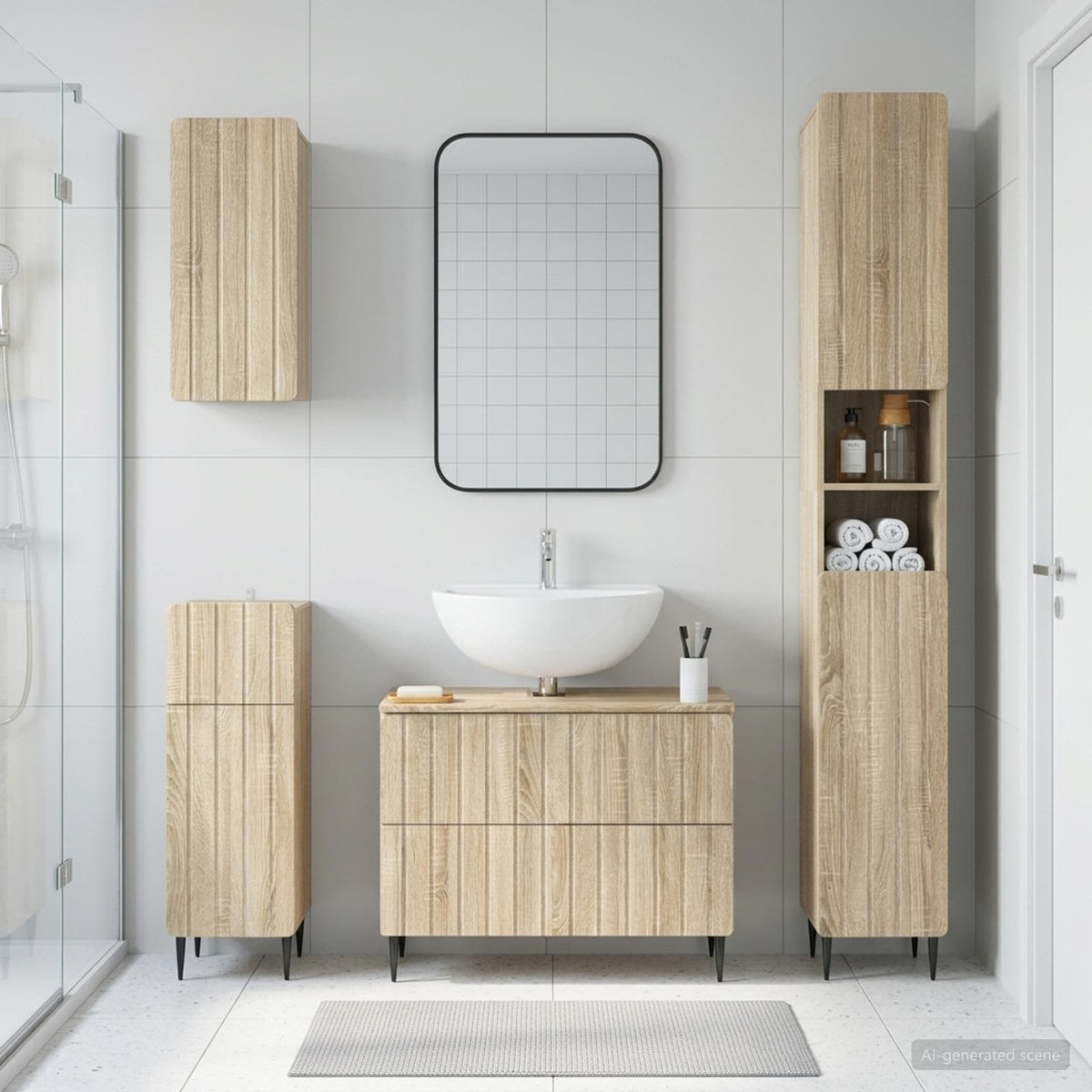 4 Piece Bathroom Cabinet Set EDE Engineered Wood Sonoma Oak Round edge stripes