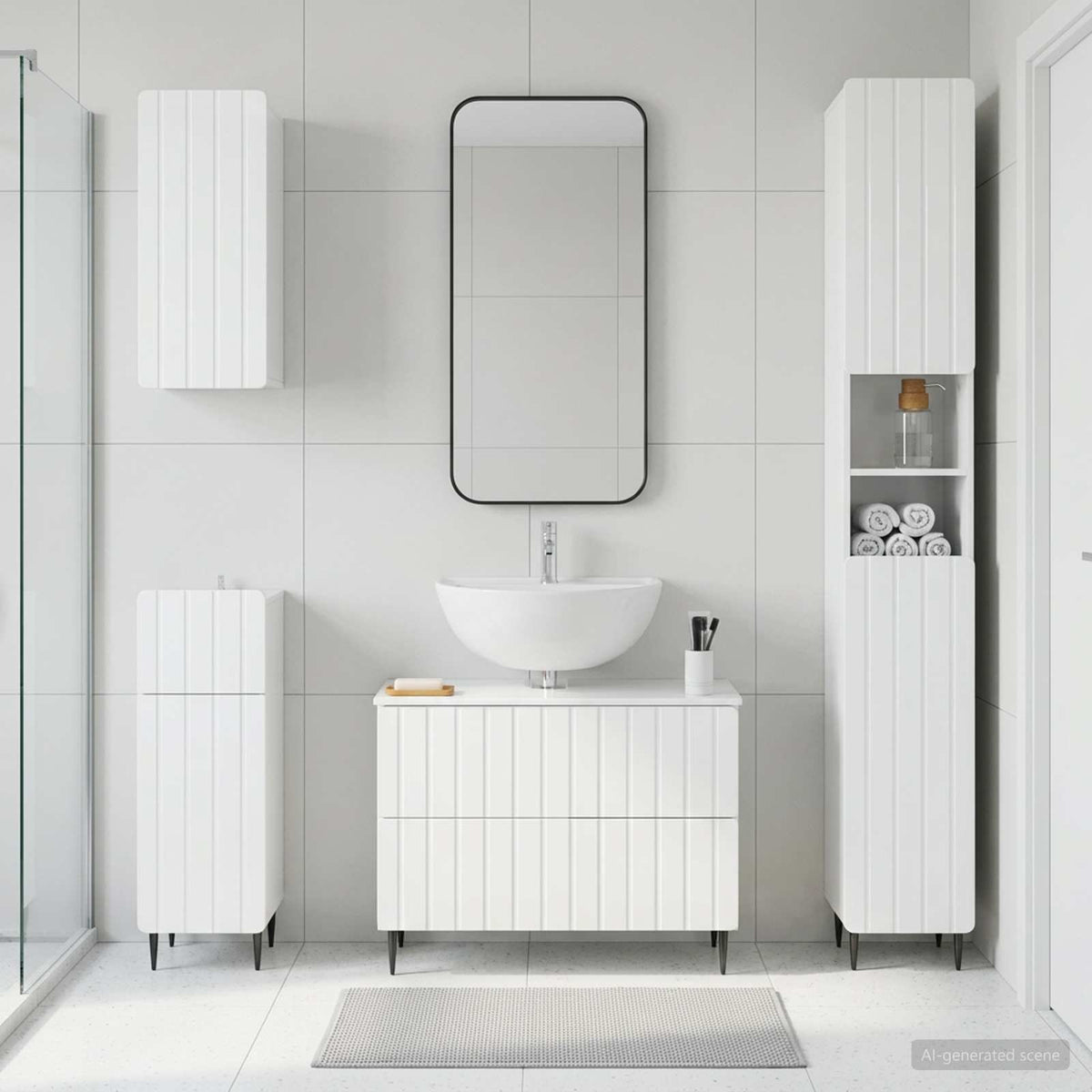 4 Piece Bathroom Cabinet Set EDE High Gloss White Round edge stripes