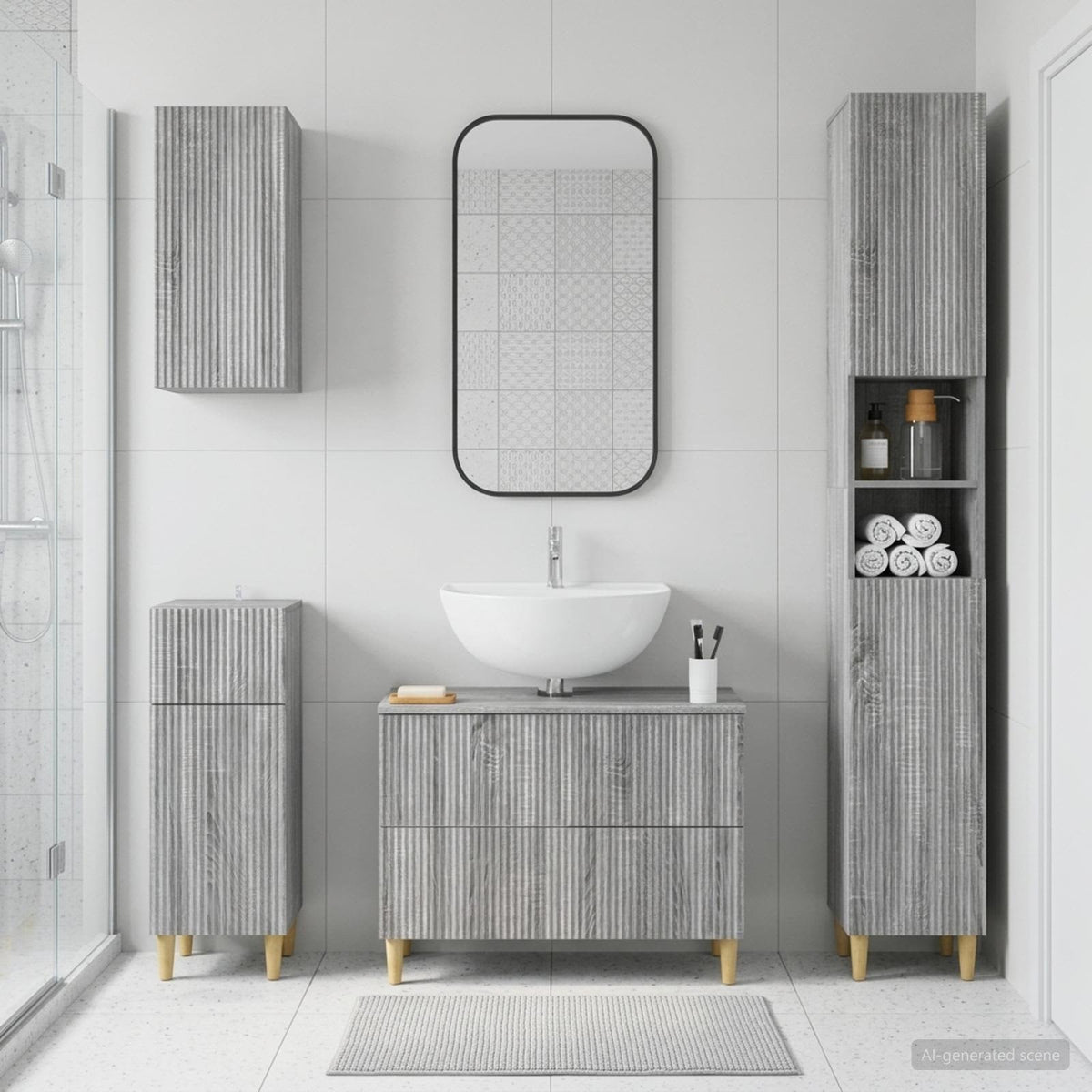 4 Piece Bathroom Cabinet Set ALKMAAR Grey Sonoma Full vertical stripes