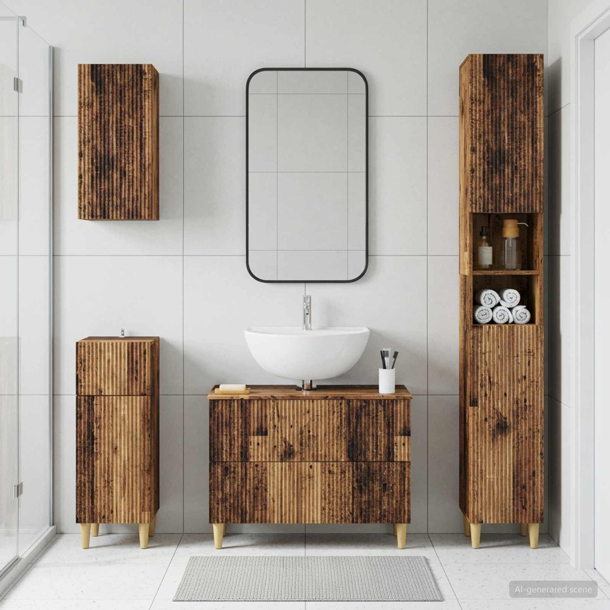 4 Piece Bathroom Cabinet Set EDE Engineered Wood Old Wood Full vertical stripes