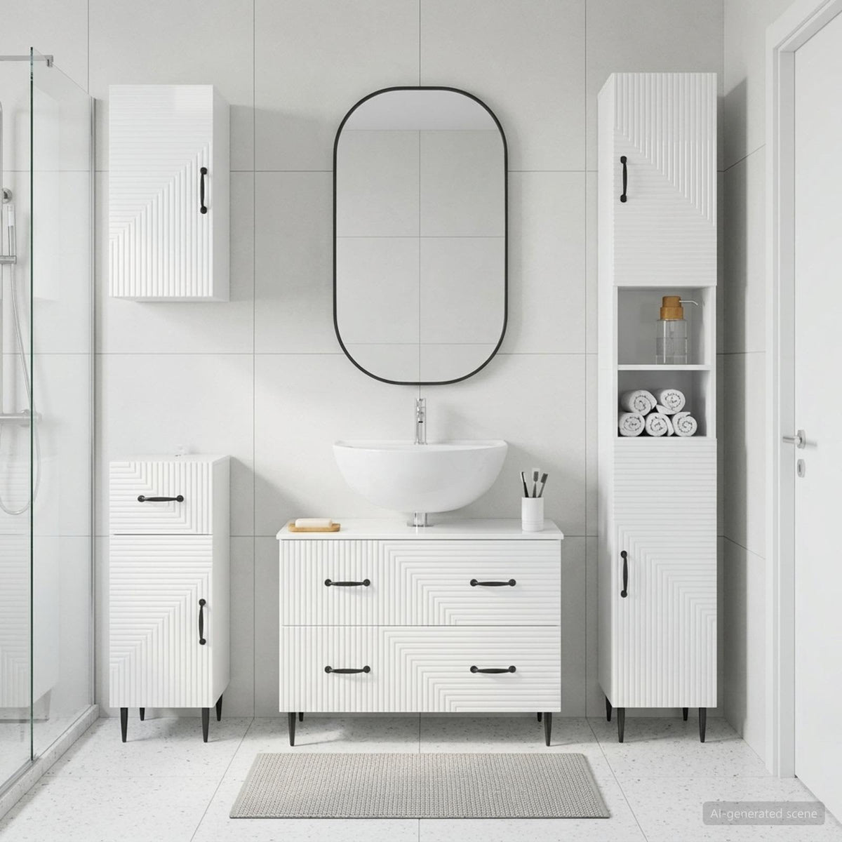 4 Piece Bathroom Cabinet Set EDE High Gloss White Two-way stripes