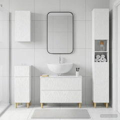 4 Piece Bathroom Cabinet Set EDE High Gloss White Leaf pattern