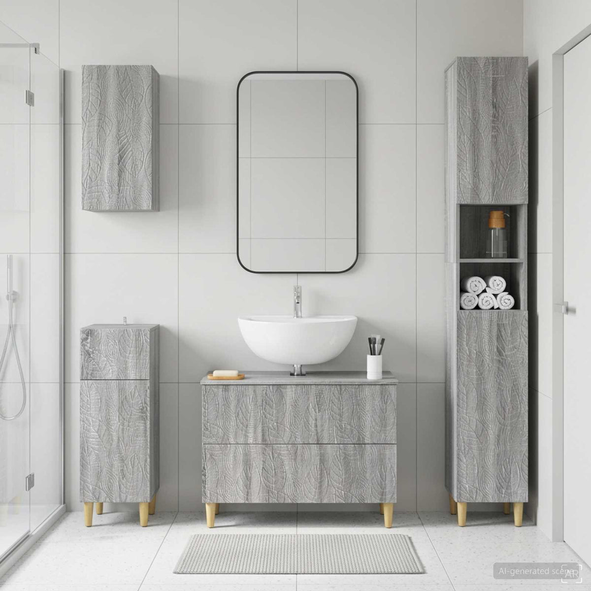 4 Piece Bathroom Cabinet Set ALKMAAR Grey Sonoma Leaf pattern