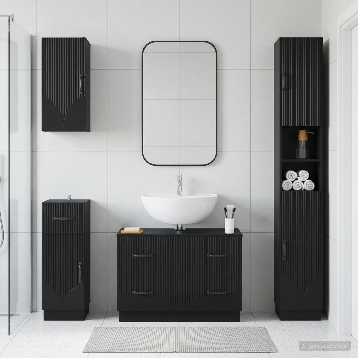 4 Piece Bathroom Cabinet Set EDE Engineered Wood Black V-shape stripes