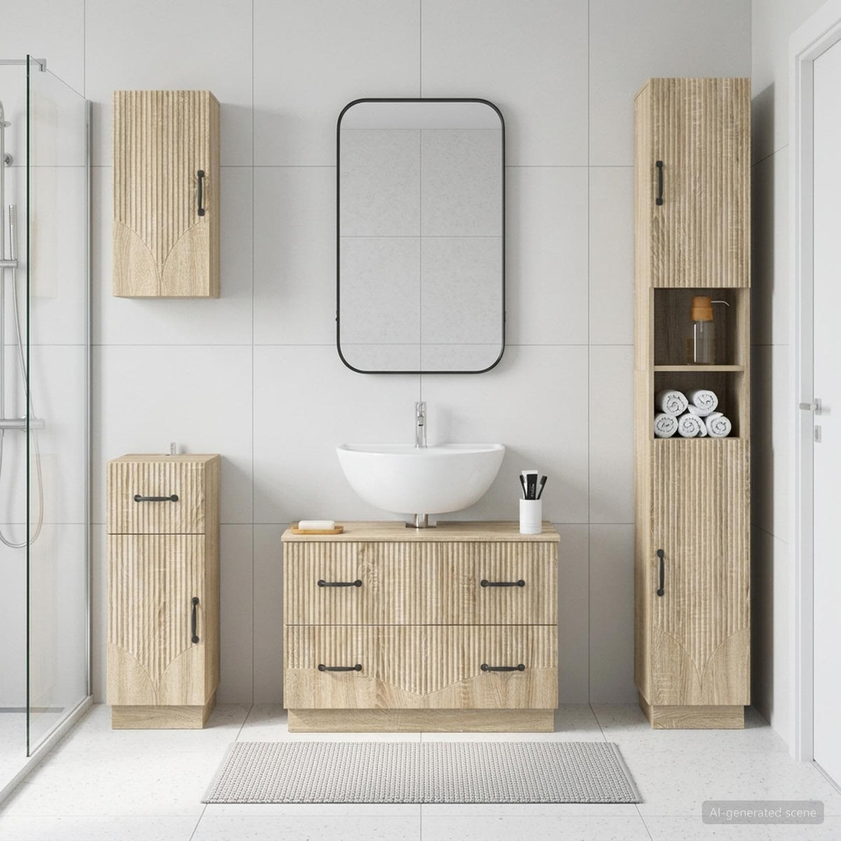 4 Piece Bathroom Cabinet Set EDE Engineered Wood Sonoma Oak V-shape stripes