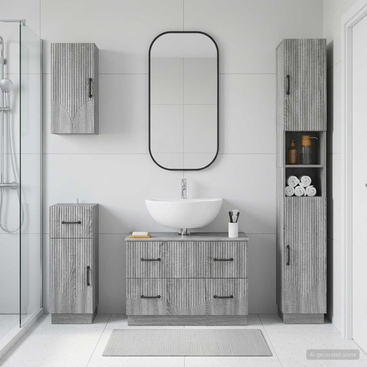 4 Piece Bathroom Cabinet Set ALKMAAR Grey Sonoma V-shape stripes