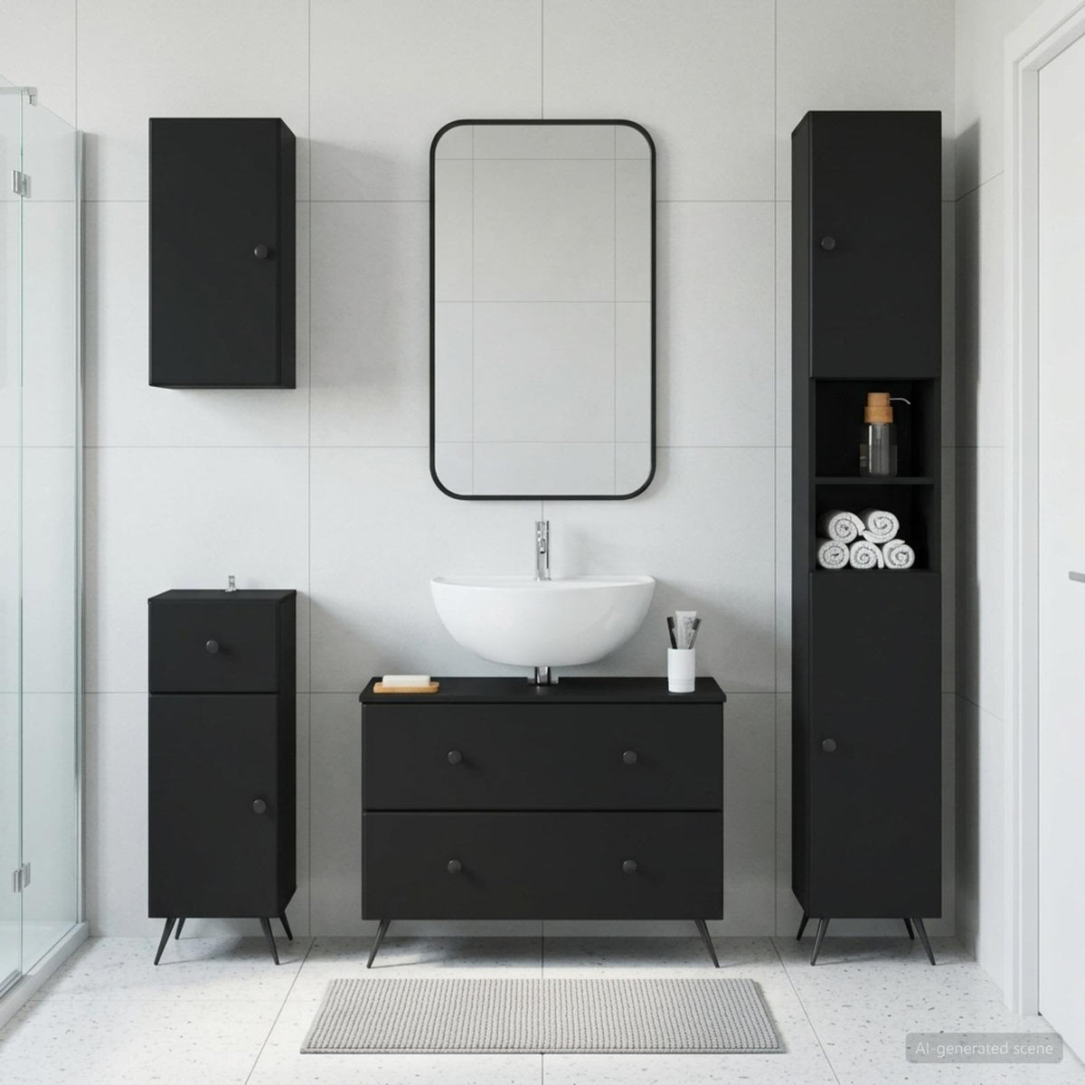 4 Piece Bathroom Cabinet Set EDE Engineered Wood Black Round edge