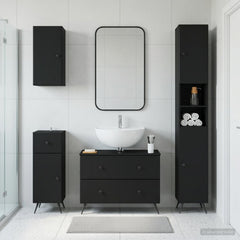 4 Piece Bathroom Cabinet Set EDE Engineered Wood Black Round edge
