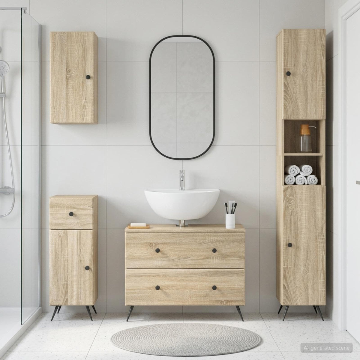 4 Piece Bathroom Cabinet Set EDE Engineered Wood Sonoma Oak Round edge