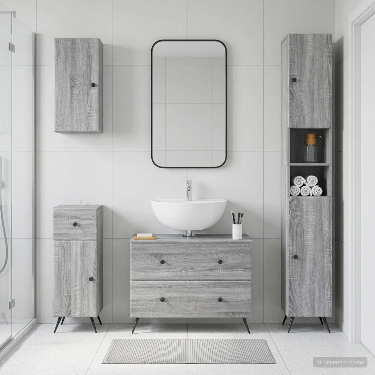 4 Piece Bathroom Cabinet Set ALKMAAR Grey Sonoma Round edge