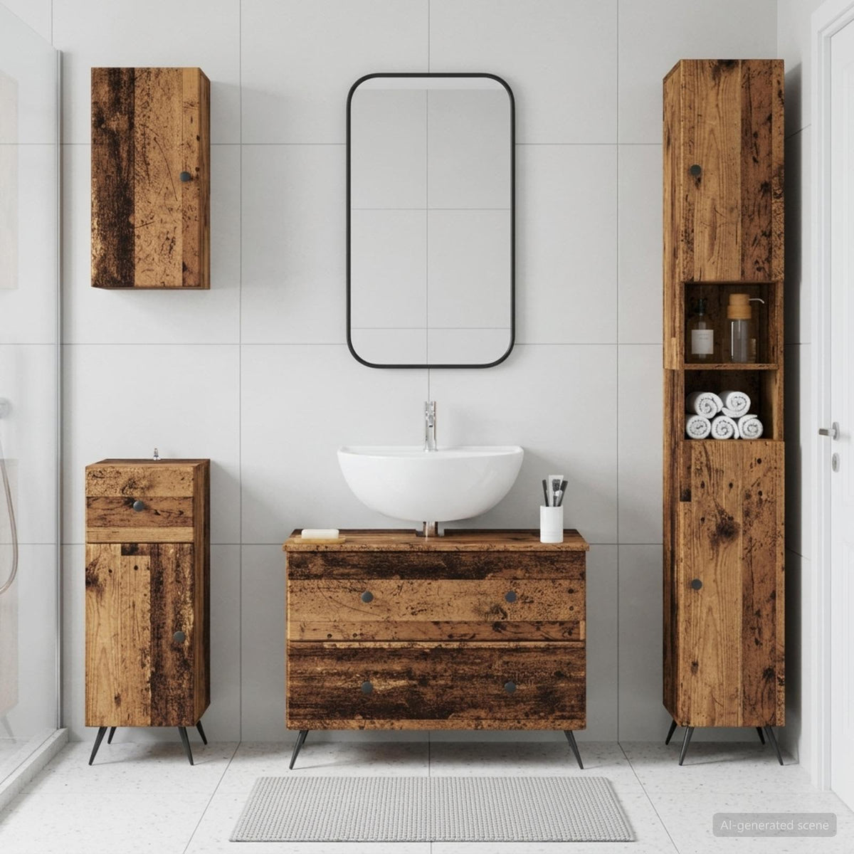 4 Piece Bathroom Cabinet Set EDE Engineered Wood Old Wood Round edge