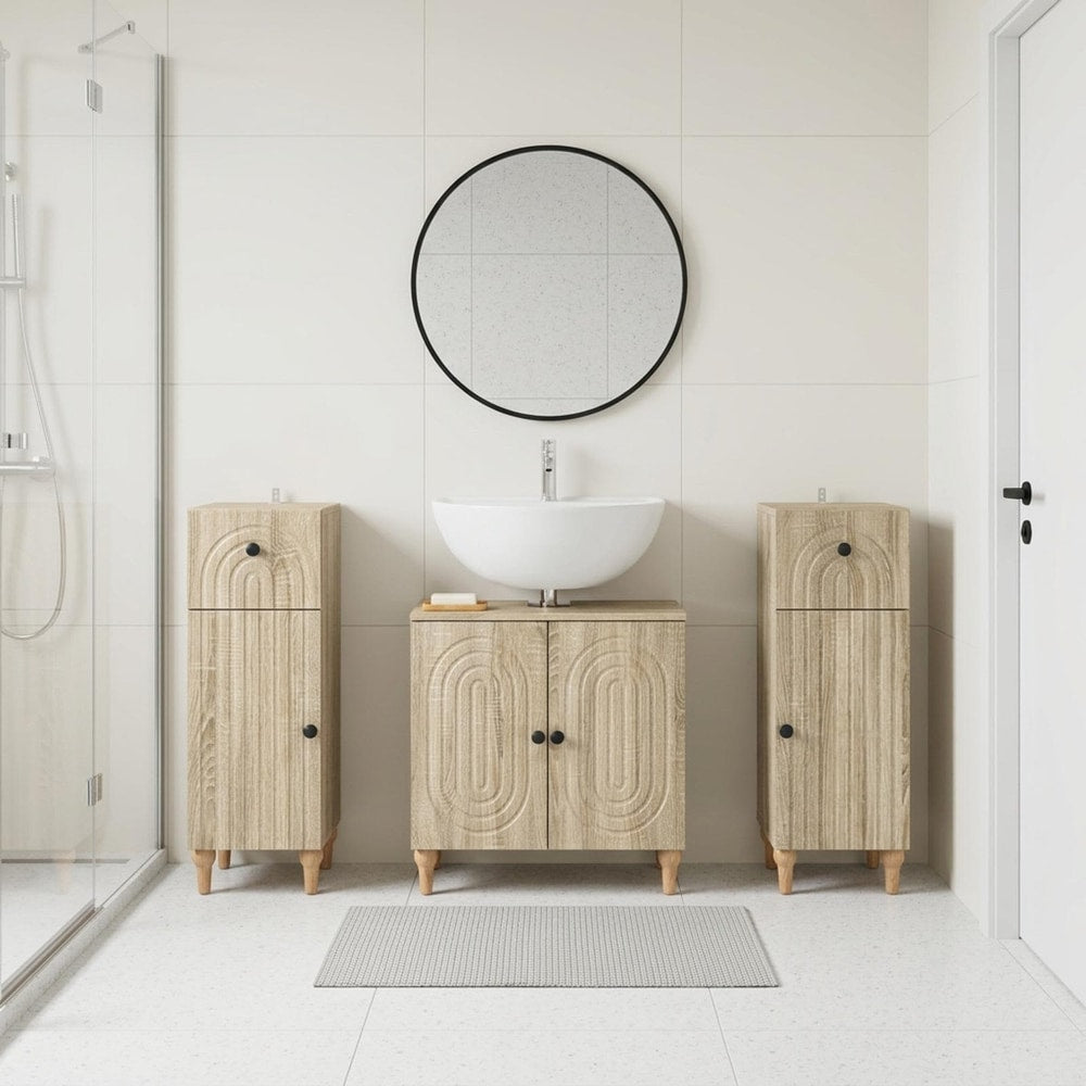 3 Piece Bathroom Cabinet Set EDE 3 pcs Sonoma Oak Round stripes