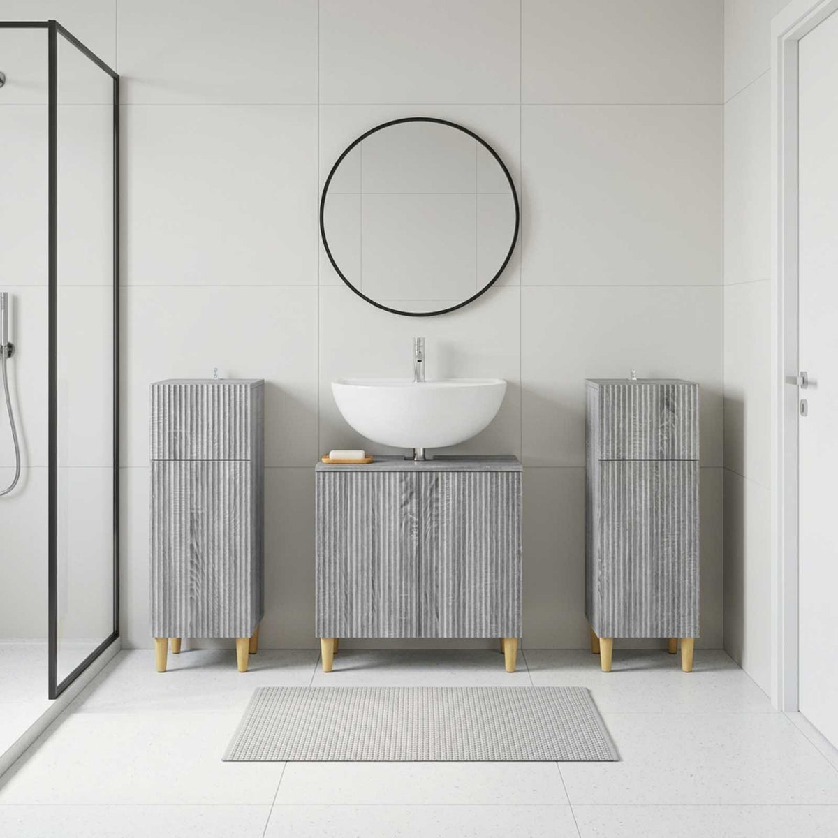 3 Piece Bathroom Cabinet Set EDE 3 pcs Grey Sonoma Full vertical stripes