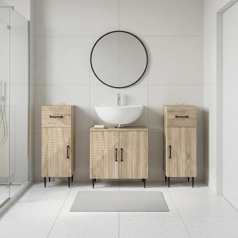 3 Piece Bathroom Cabinet Set EDE 3 pcs Sonoma Oak Two-way stripes