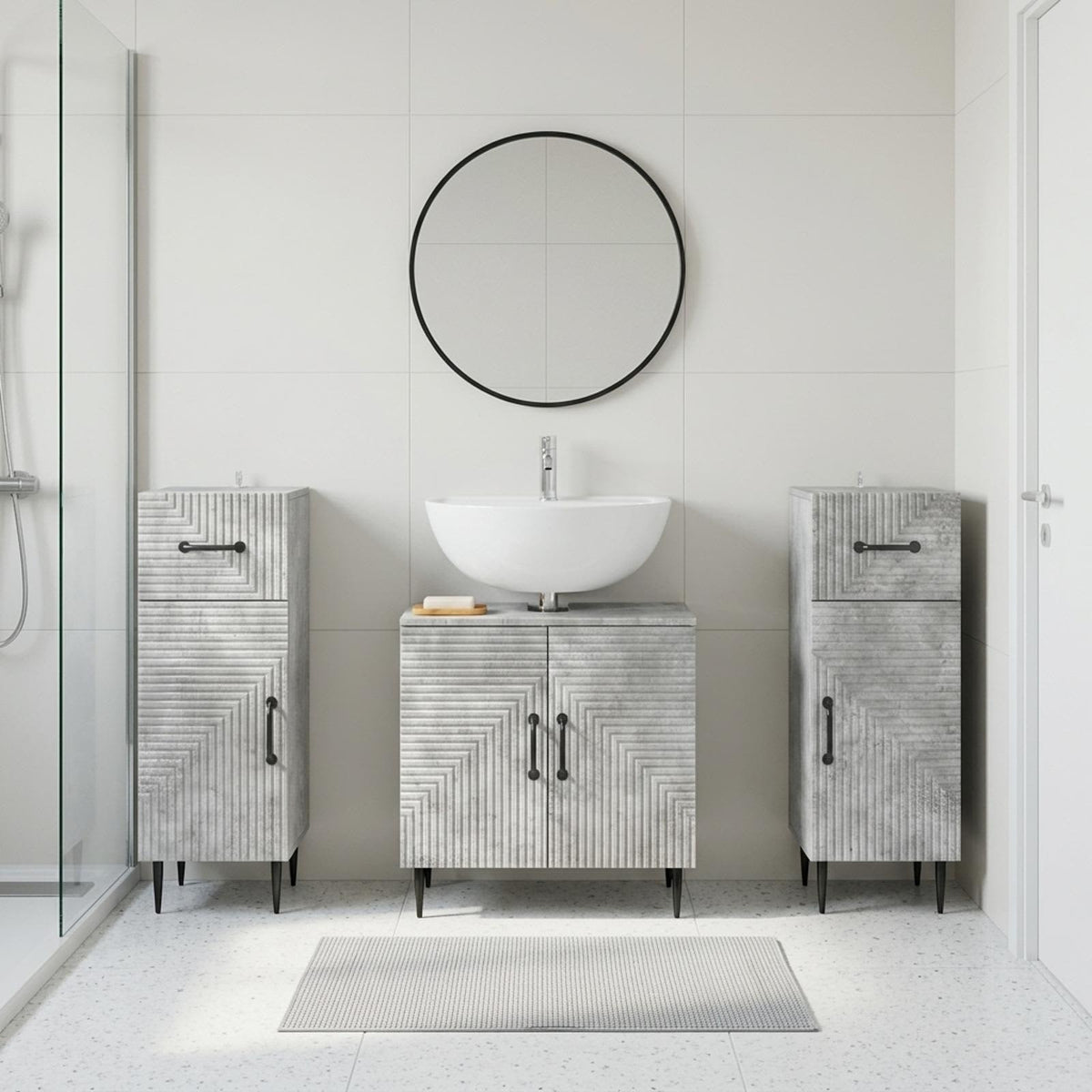 3 Piece Bathroom Cabinet Set EDE 3 pcs Concrete Grey Two-way stripes