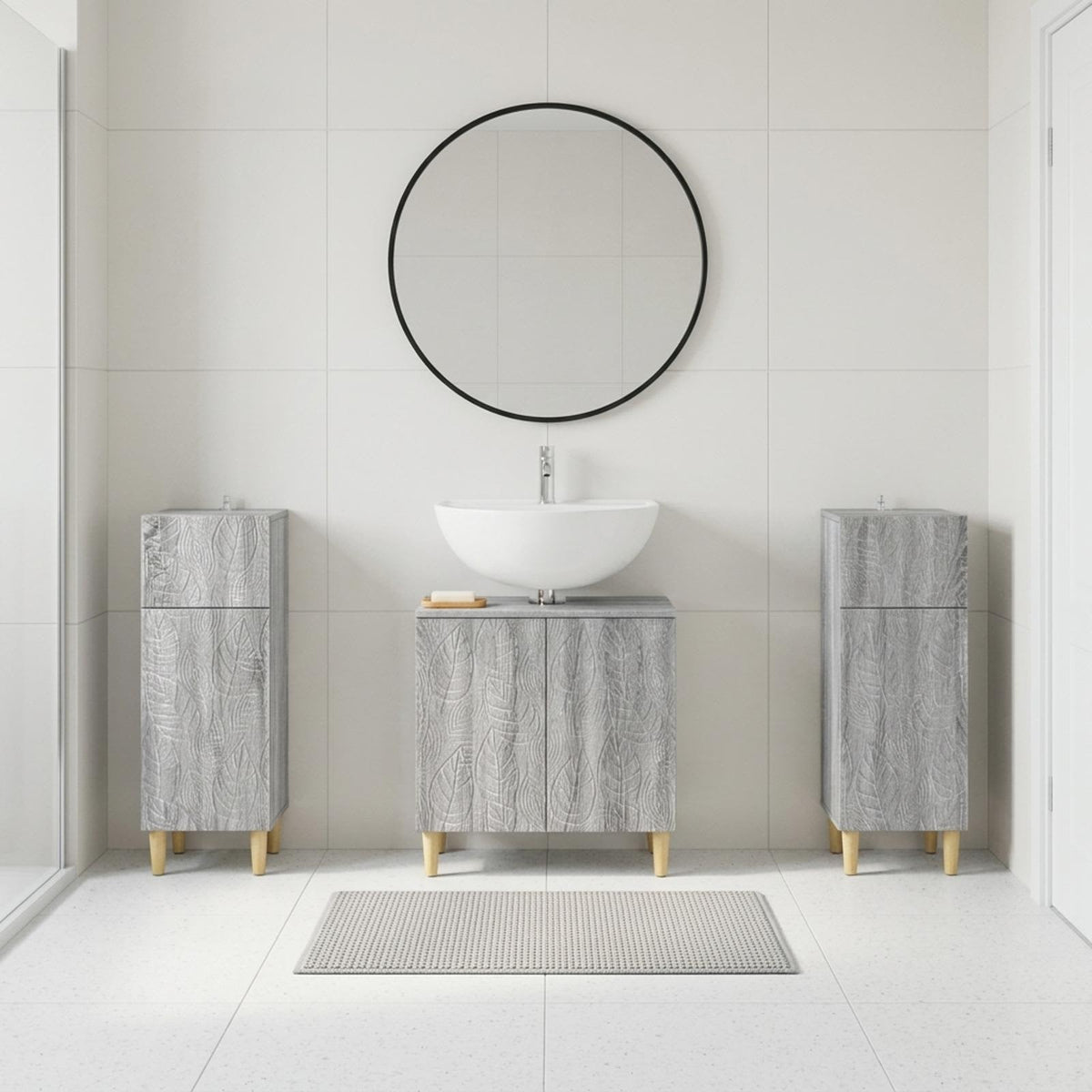 3 Piece Bathroom Cabinet Set EDE 3 pcs Grey Sonoma Leaf pattern