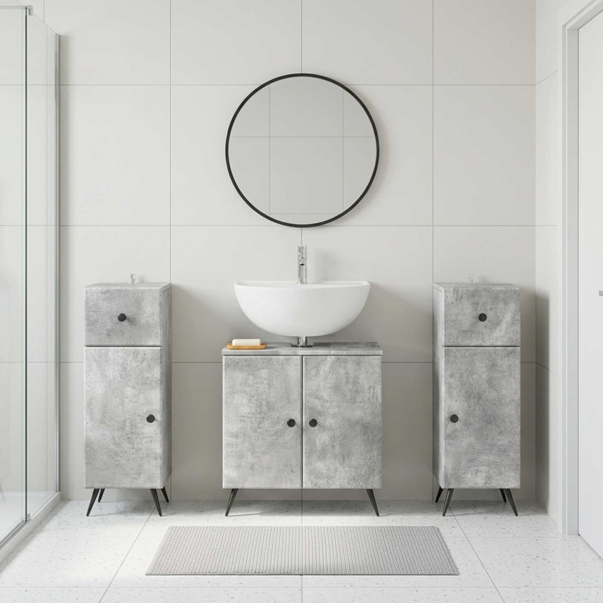 3 Piece Bathroom Cabinet Set EDE 3 pcs Concrete Grey Round edge