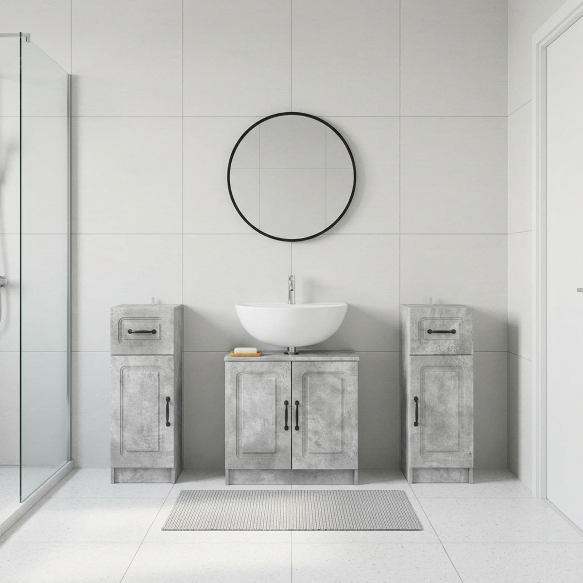 3 Piece Bathroom Cabinet Set EDE 3 pcs Concrete Grey O-shape