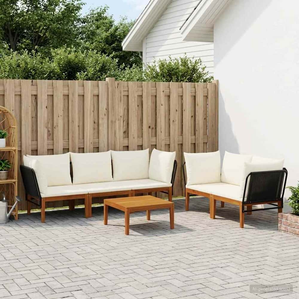 9 pcs Solid Acacia Wood & Rope Natural Black and Cream White 4x corner +1x middle +table