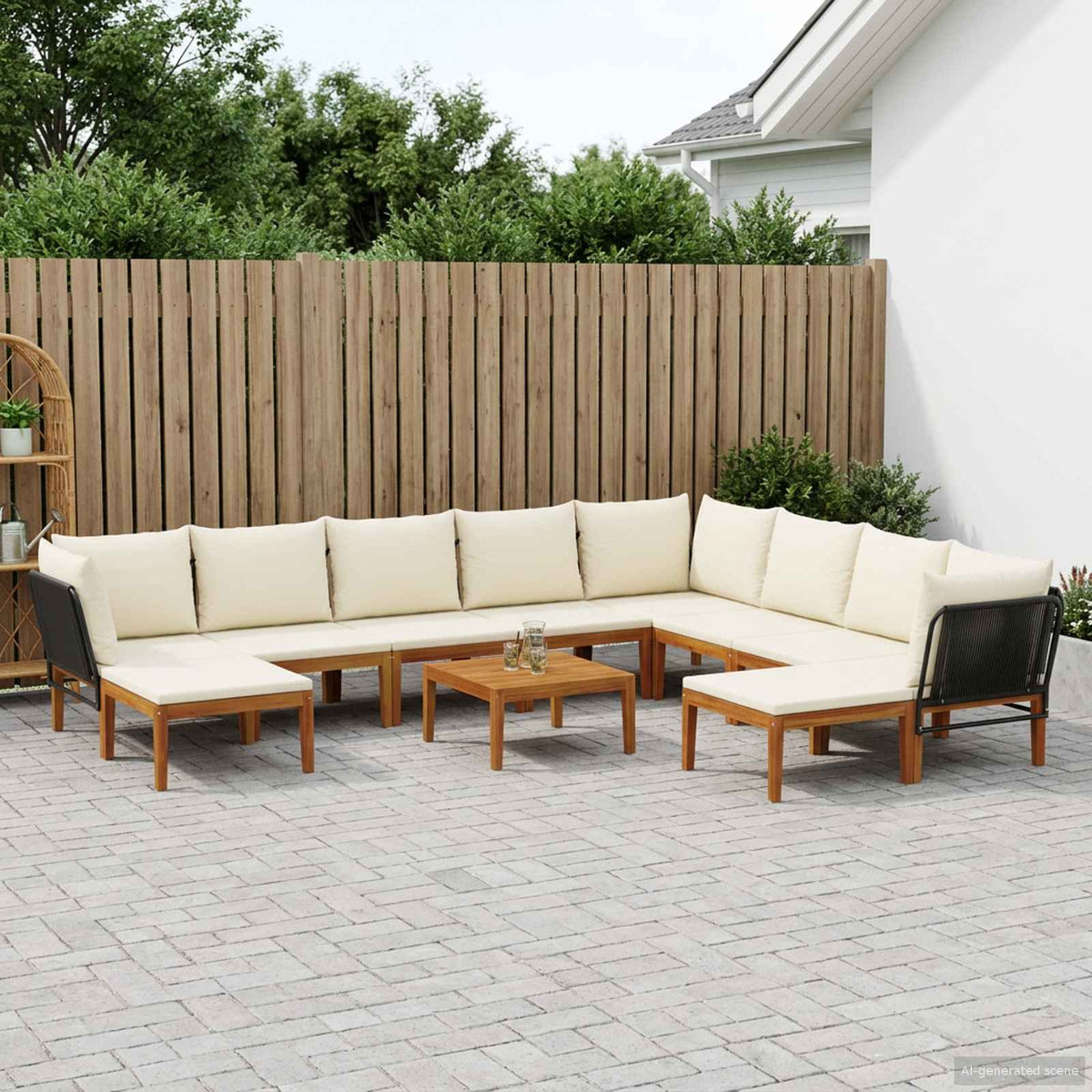 9 pcs Solid Acacia Wood & Rope Natural Black and Cream White 3x corner +5x middle +2x footrest +table