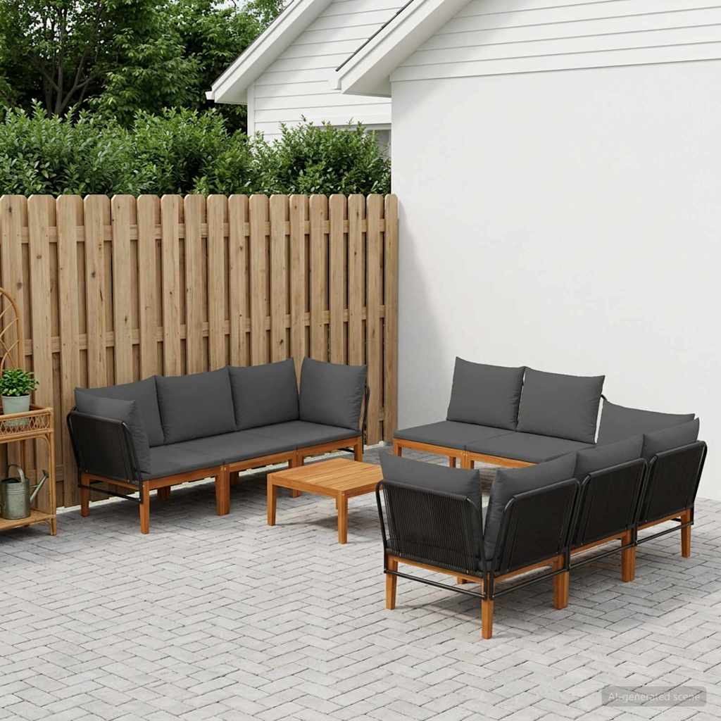 9 pcs Solid Acacia Wood & Rope Natural Black and Anthracite 4x corner +4x middle +table