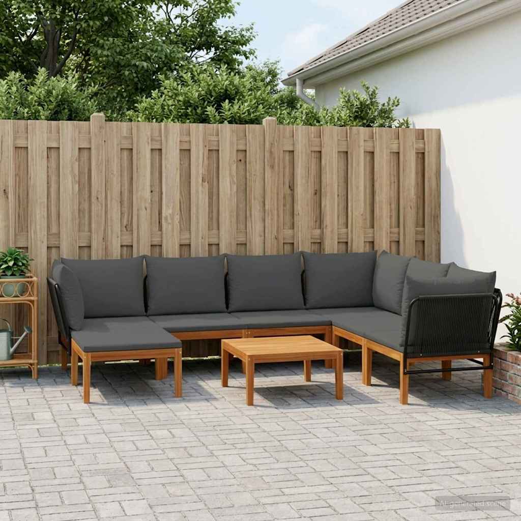 9 pcs Solid Acacia Wood & Rope Natural Black and Anthracite 3x corner +3x middle +1x footrest +table