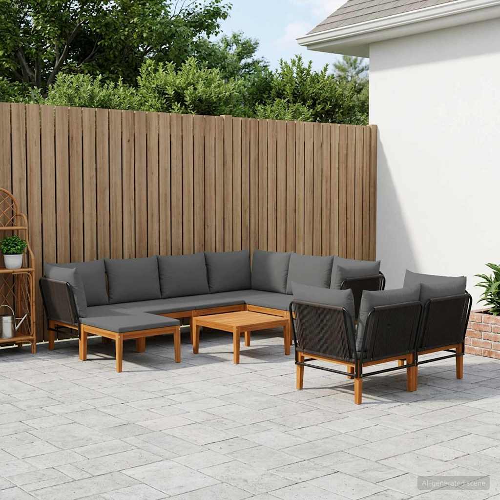 9 pcs Solid Acacia Wood & Rope Natural Black and Anthracite 5x corner +3x middle +1x footrest +table