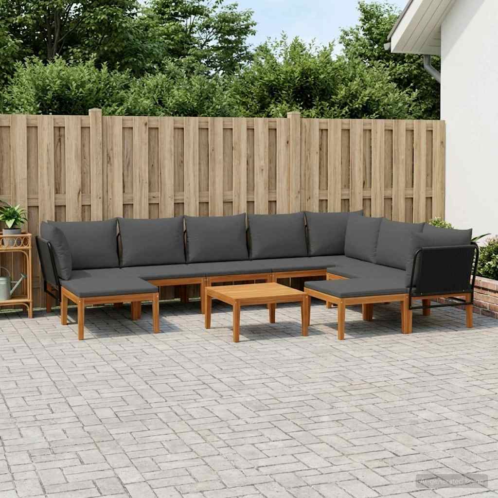 9 pcs Solid Acacia Wood & Rope Natural Black and Anthracite 3x corner +5x middle +2x footrest +table