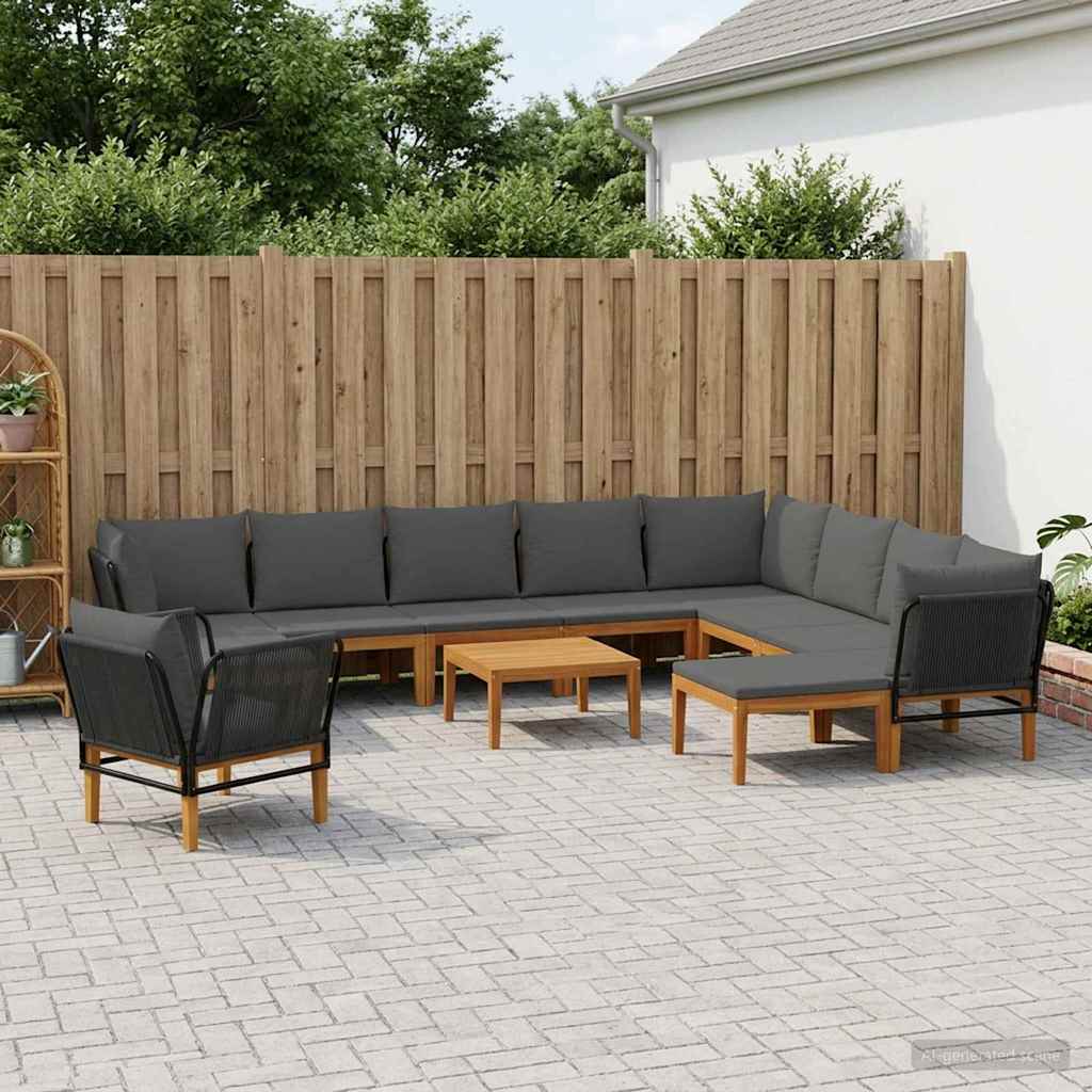 9 pcs Solid Acacia Wood & Rope Natural Black and Anthracite 3x corner +5x middle +2x footrest +1x chair +table