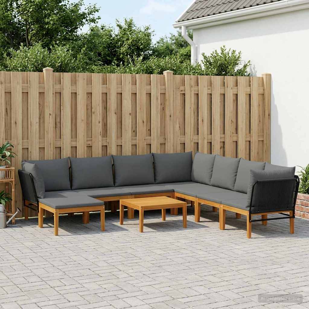 9 pcs Solid Acacia Wood & Rope Natural Black and Anthracite 3x corner +4x middle +1x footrest +table