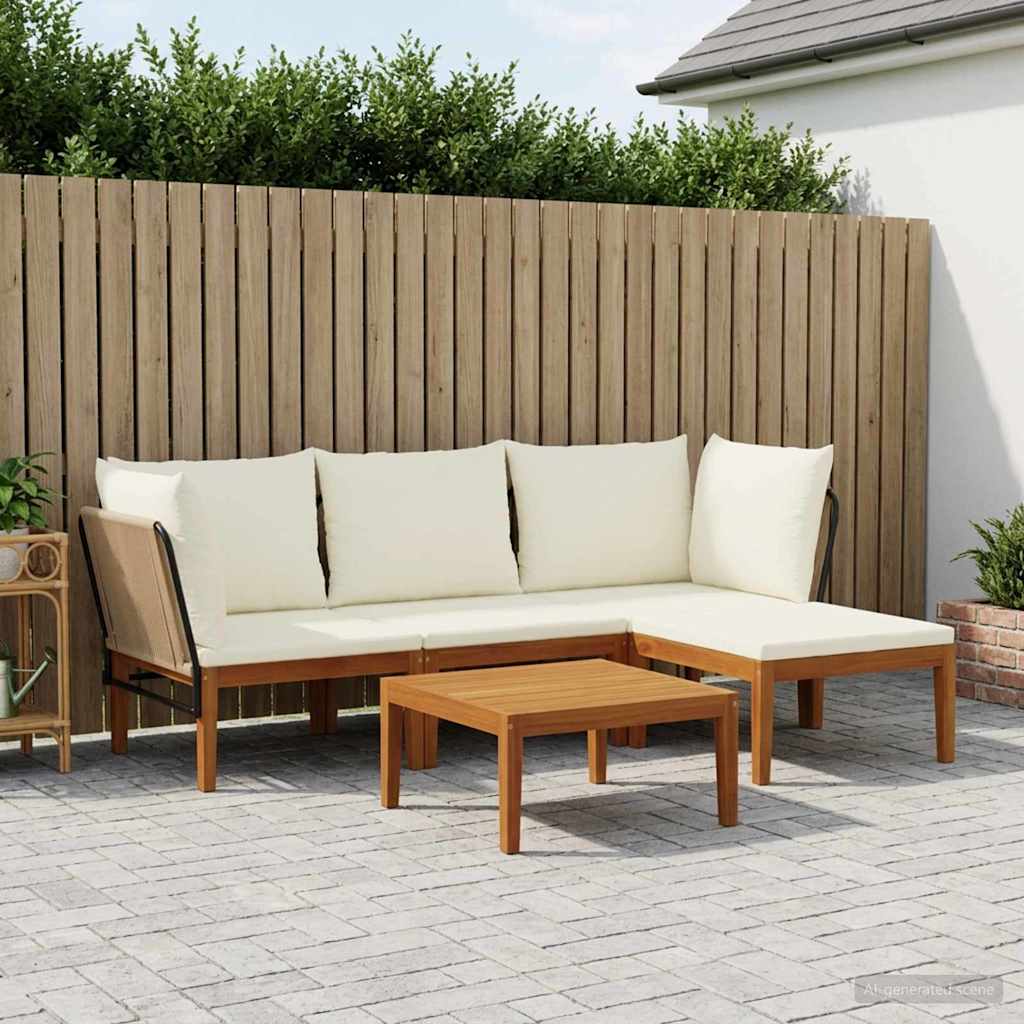 6 pcs Solid Acacia Wood & Rope Natural Beige and Cream White 2x corner +1x middle +1x footrest +table