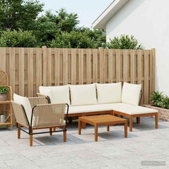 6 pcs Solid Acacia Wood & Rope Natural Beige and Cream White 2x corner +1x middle +1x footrest +1x chair +table