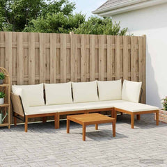 6 pcs Solid Acacia Wood & Rope Natural Beige and Cream White 2x corner +2x middle +1x footrest +table