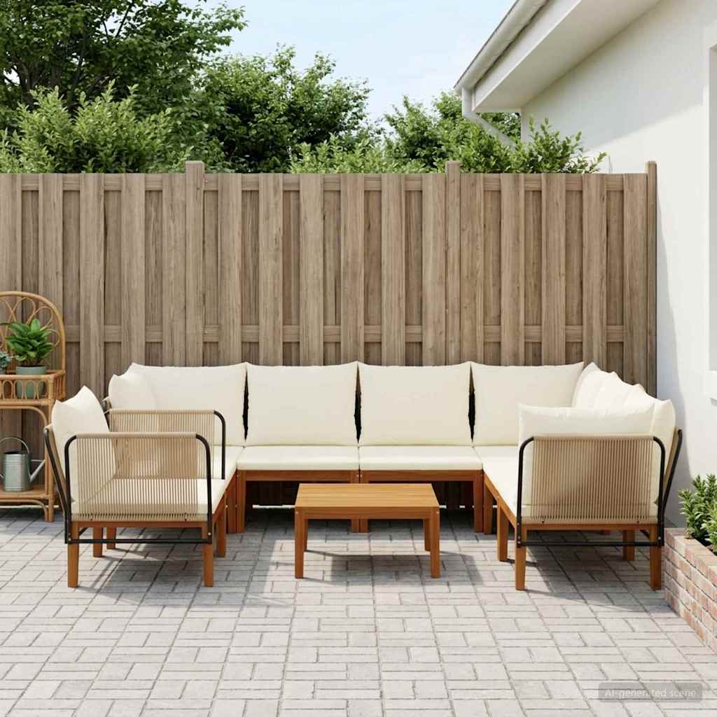 6 pcs Solid Acacia Wood & Rope Natural Beige and Cream White 3x corner +2x middle +1x chair +table