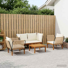 6 pcs Solid Acacia Wood & Rope Natural Beige and Cream White 2x corner + 2x chair + table