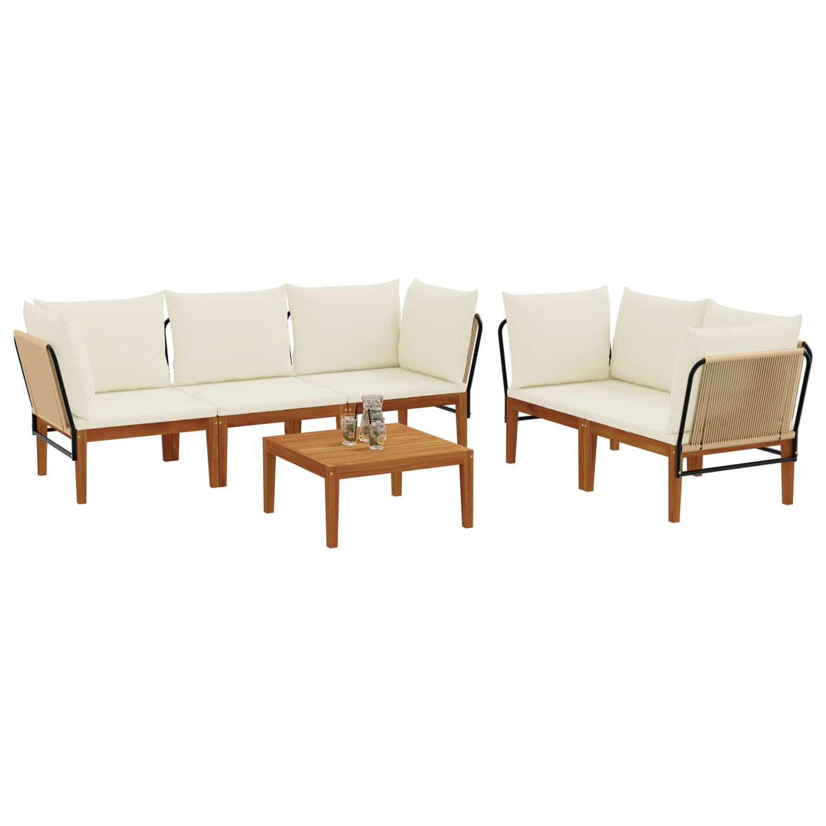 9 pcs Solid Acacia Wood & Rope Natural Beige and Cream White 4x corner +1x middle +table