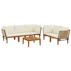 9 pcs Solid Acacia Wood & Rope Natural Beige and Cream White 4x corner +1x middle +table