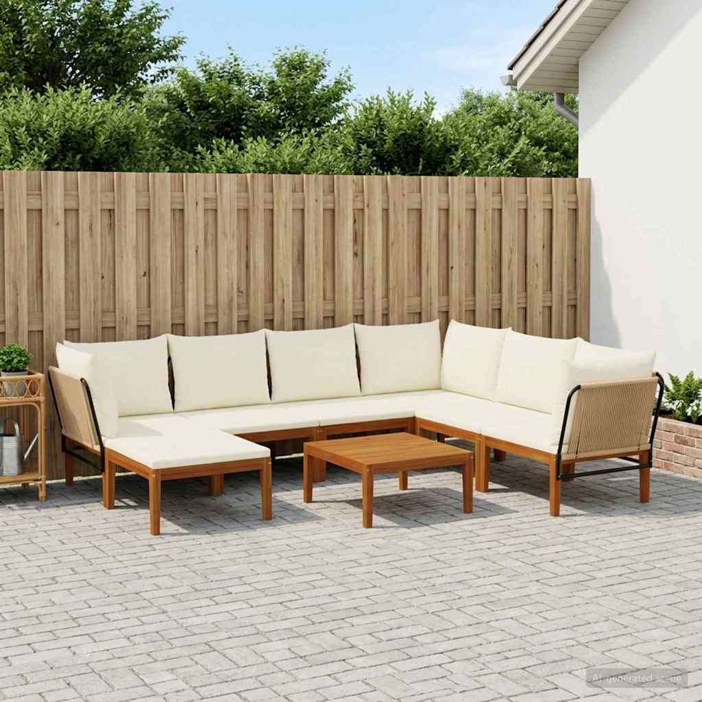 9 pcs Solid Acacia Wood & Rope Natural Beige and Cream White 3x corner +3x middle +1x footrest +table