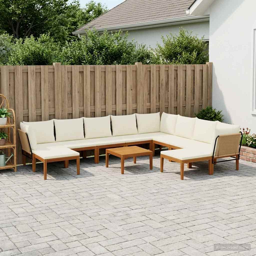 9 pcs Solid Acacia Wood & Rope Natural Beige and Cream White 3x corner +5x middle +2x footrest +table