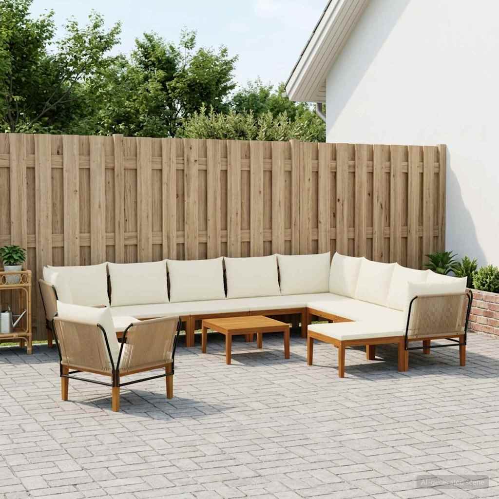 9 pcs Solid Acacia Wood & Rope Natural Beige and Cream White 3x corner +5x middle +2x footrest +1x chair +table