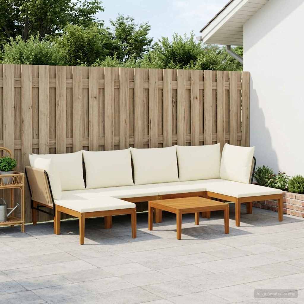 6 pcs Solid Acacia Wood & Rope Natural Beige and Cream White 2x corner +2x middle +2x footrest +table