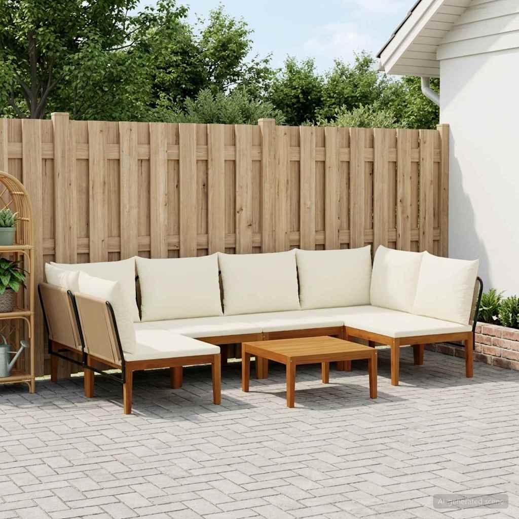 6 pcs Solid Acacia Wood & Rope Natural Beige and Cream White 2x corner +4x middle +table