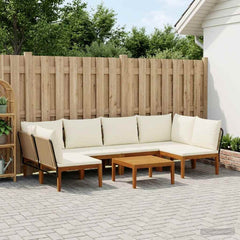 6 pcs Solid Acacia Wood & Rope Natural Beige and Cream White 2x corner +4x middle +table