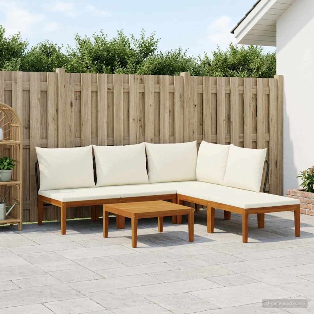 6 pcs Solid Acacia Wood & Rope Natural Beige and Cream White 1x corner +3x middle +1x footrest +table