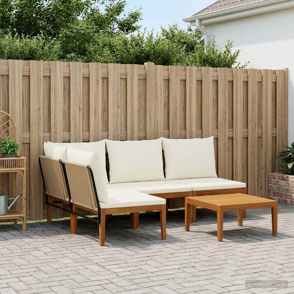 6 pcs Solid Acacia Wood & Rope Natural Beige and Cream White 1x corner +3x middle +table
