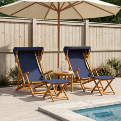 Deck Chair 4 pcs 3 Position Solid Eucalyptus Wood 2x Chair + 2x Footrest Blue