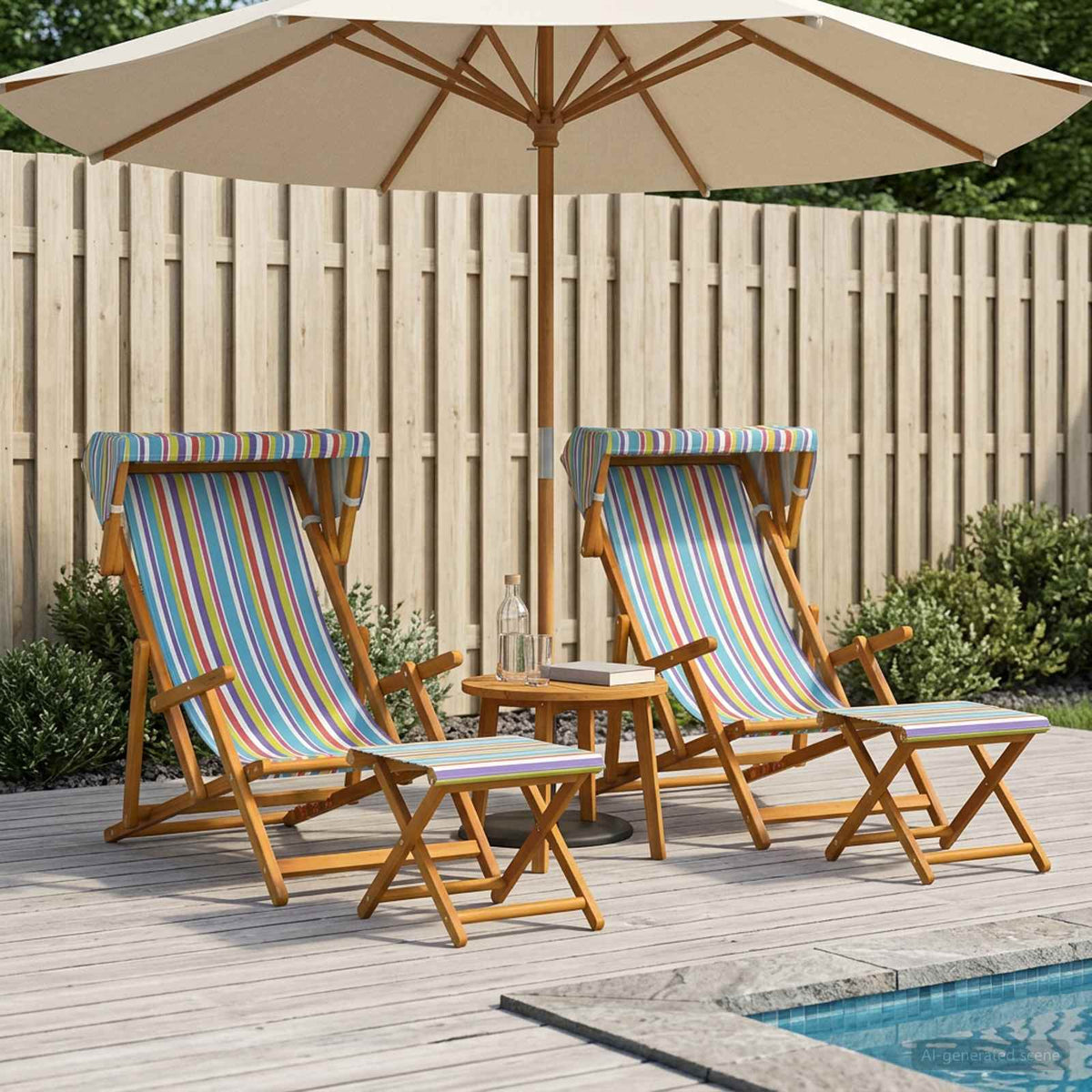 Deck Chair 4 pcs 3 Position Solid Eucalyptus Wood 2x Chair + 2x Footrest Multicolour