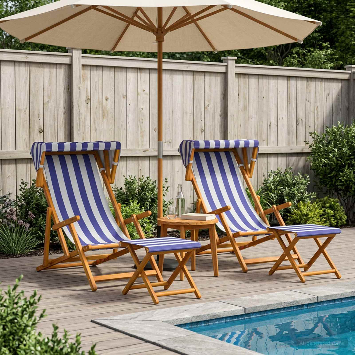 Deck Chair 4 pcs 3 Position Solid Eucalyptus Wood 2x Chair + 2x Footrest Blue and white