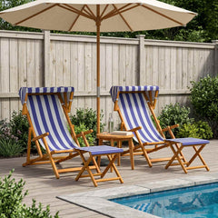 Deck Chair 4 pcs 3 Position Solid Eucalyptus Wood 2x Chair + 2x Footrest Blue and white